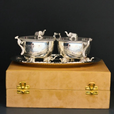 India fexim 2pc Brass Elephant/Peacock Bowl Set with tray & velvet box Brass Decorative Platter(Silver, Pack of 2)