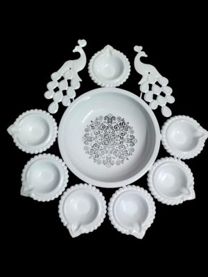 Creativelamps Peacock Urli Bowl for Home Decoration Bowl [ Lazer Design ] Iron Decorative Platter(White)