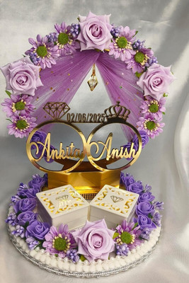 Wedlock Customizable Engagement Ring Platter | Artificial Flowers | 2 Ring Boxes Wood Decorative Platter(White, Purple)