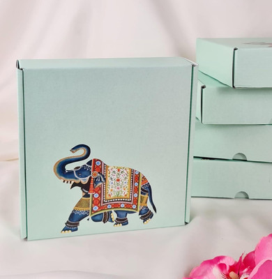 prajna 5 Pcs Multipurpose Decorative Folding Paper Box with Elephant print Gift Hamper Paper Decorative Platter(Green, Pack of 5)