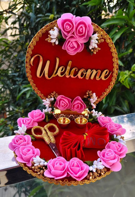 Wedlock Welcome Tray for Guests | Ribbon Cutting Wedding Tray | Gift for Bride and Groom Wood Decorative Platter(Red, Gold, Pink)