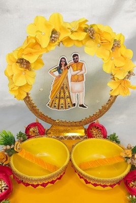 Wedlock Decorative Haldi Platter with Couple Design | Ideal for Wedding Rituals Wood Decorative Platter(Yellow)