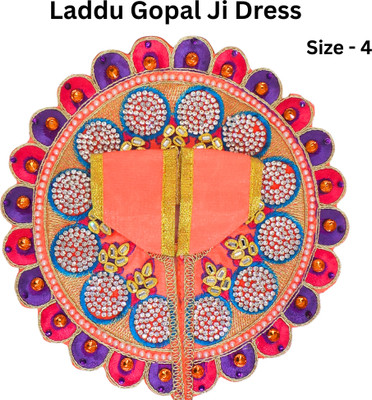 ParulBulkGifts Laddu Gopal Ji Size 4 Poshak, Peach & Multicolor Designer Poshak with Shringar Dress(Cotton)