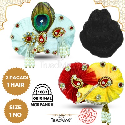 Truedivine size 1no. Laddu Gopal 2Pagdi and 1hair set (Designer, Handmade orginal morpankh Dress(Silk)