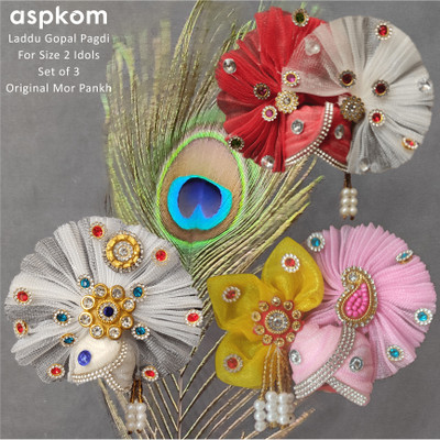 AsPKom Size 2 Laddu Gopal Pagri, Set of 3 Designer Pagadi (Mukut), Kanha Mukut Dress(Cotton, Feather)