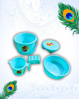 giftsrus Laddu Gopal Bath Set 5pcs with Bucket Tub Soap Case and more Deity Ornament(Thakur Ji Bath Set 5pcs with Bucket Tub Soap Case and more, Krishna bath set)