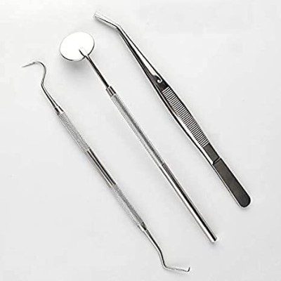 clark Dental Pmt Set of 3 Pcs (Mirror With Handle, Tweezer, Probe Double Ended) Surgical Plier(Stainless Steel)