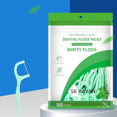 SK RAYAN 3 in 1 Dental Floss Picks 100 Pcs Mint flavored flosser with tongue cleaner(Pack of 100)