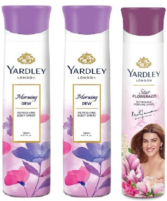 Yardley London 2 MORNING DEW & 1 STAR FLOWERAZZI , 150 ML EACH , PACK OF 3 Deodorant Spray  -  For Men & Women(450 ml, Pack of 3)