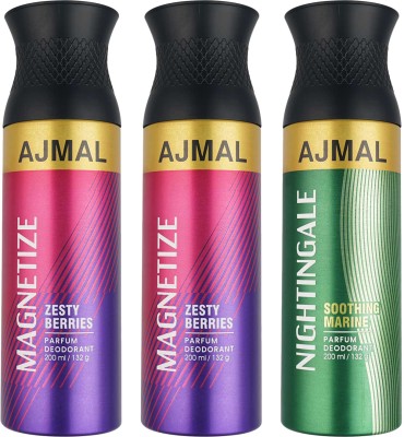 Ajmal 2 Magnetize & 1 Nightingale Each Deodorant Spray  -  For Men & Women(600 ml, Pack of 3)