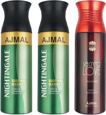 Ajmal 2 Nightingale and 1 Sacred Love Each 200ML Deodorant Spray  -  For Men & Women(600 ml, Pack of 3)