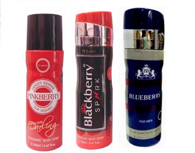 St. Louis 1 PINKBERRY DARLING 1BLACKBERRY SPARK 1 BLUEBERRY, 200ML EACH , PACK OF 3 . Perfume Body Spray  -  For Men & Women(600 ml, Pack of 3)