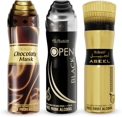 Al-Nuaim Chocolate Musk, Aseel & Open Black Deodorant - Pack of 3 (200ml Each) Deodorant Spray  -  For Men & Women(200 ml, Pack of 2)