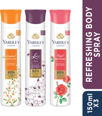 Yardley London Lace Satin, Imperial Sandalwood, and Royal Red Roses Refreshing Body Spray  -  For Women(450 ml, Pack of 3)