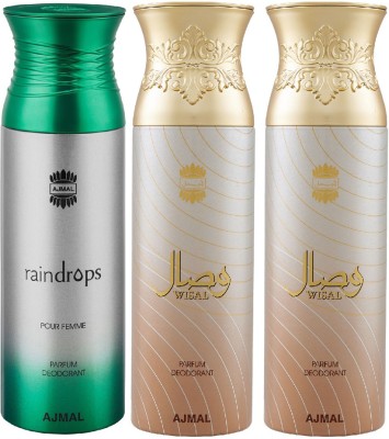 Ajmal 1 Raindrops & 2 Wisal Each Deodorant Spray  -  For Women(200 ml, Pack of 3)