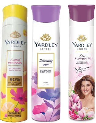 Yardley London 1 SOOTTISH & 1 MORNING DEW , 1 STAR FLOWERAZZI , 150 ML EACH , PACK OF 3 Deodorant Spray  -  For Men & Women(450 ml, Pack of 3)
