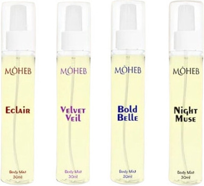 Moheb Night Muse, Bold Belle, Velvet Veil & Eclair | Luxurious Scents for Every Mood Body Mist  -  For Men & Women(120 ml, Pack of 4)