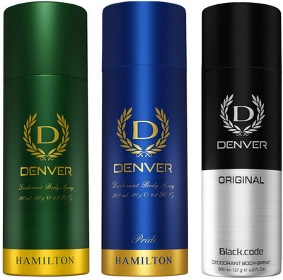 DENVER Hamilton Pride and Black Code Deodorant Spray  -  For Men(600 ml, Pack of 3)