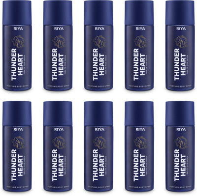 RIYA Thunder Blue Combo of 10 Deodorant | 150 ml Each | Bergamot Aromatic Fragrance Perfume Body Spray  -  For Men(1500 ml, Pack of 10)