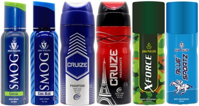 John Phillips CASUAL & COOL BLUE, PHANTOM, PASSIONATE, X-FORCE, BLUE SPORTZ No Gas Deo Combo Deodorant Spray  -  For Men(840 ml, Pack of 6)