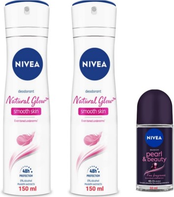 NIVEA NG Smooth Skin DeoQty2 & Pearl & Beauty Fine Fragrance Roll On 50 ML Qty1 Deodorant Spray  -  For Men & Women(350 ml, Pack of 3)