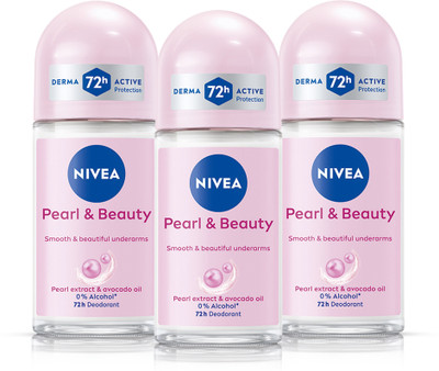 NIVEA Pearl and Beauty Roll On for Smooth Underarms, 0% Alcohol, 72h Active Protection Deodorant Roll-on - For Women(150 ml, Pack of 3)