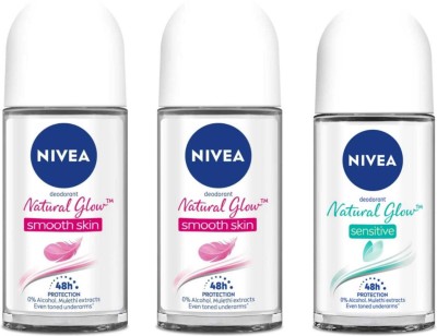 NIVEA 2pc Natural Glow Smooth Skin and 1 NG Sensitive Roll On 50ml Set of 3 Deodorant Roll-on  -  For Men & Women(150 ml, Pack of 3)