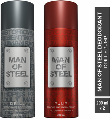 DENVER Combo Of Man Of Steel Drill + Pump Long Lasting Deodorant Spray – For Men  (400 Ml, Pack Of 2) For Rs. 170 @ 70 %