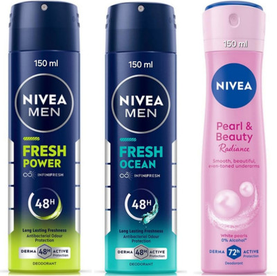 NIVEA Deo 150ML EACH -FRESH POWER ,FRESH OCEAN ,PEARL & BEAUTY RADIANCE Deodorant Spray  -  For Men & Women(450 ml, Pack of 3)