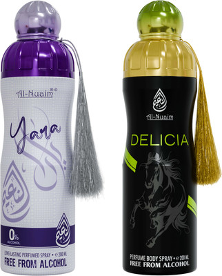 Al-Nuaim Deo Combo | Yara Deo - 200ml & Delicia Deo - 200ml | Alcohol - Free Deodorant Deodorant Spray  -  For Men & Women(400 ml, Pack of 2)