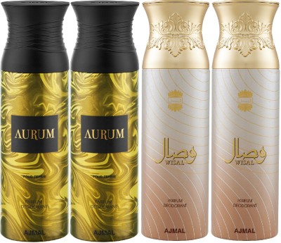 Ajmal Aurum & Wisal Each 200ML Deodorant Spray  -  For Men & Women(200 ml, Pack of 4)