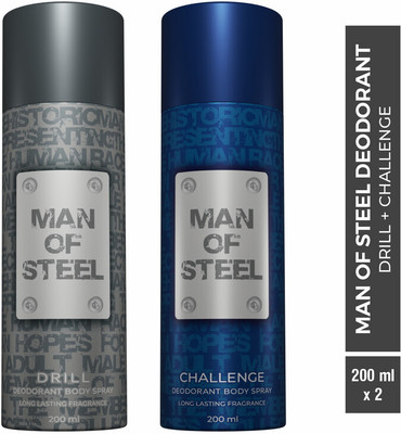 DENVER Combo Of Man Of Steel Drill + Challenge Long Lasting Deodorant Spray – For Men (400 Ml, Pack Of 2) For Rs. 201 @ 64 %