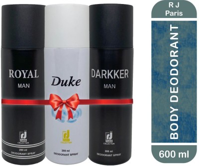 R J PARIS Royal Man+Duke+Darkker Man Body Deo Spray Long Lasting Set of 3 Body Deodorant Spray  -  For Men & Women(600 ml, Pack of 3)
