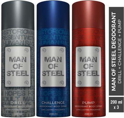 DENVER Combo of Man Of Steel Drill + Challenge + Pump Long lasting Deodorant Spray  -  For Men(600 ml, Pack of 3)