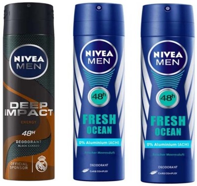 NIVEA 2 Deep Impact Energy & 1 Fresh Ocean Deodorant Spray  -  For Men(150 ml, Pack of 3)