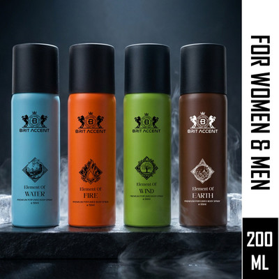 BRIT ACCENT |Combo|Element Of Fire+Wind+Water+Earth|Long-Lasting Premium Body Spray| Deodorant Spray - For Men & Women(200 ml, Pack of 4)