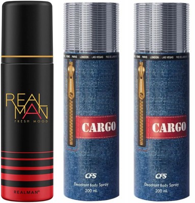 Real Man Fresh Mood 150ML_CFS Cargo Blue DEODORANT SPRAY2 - 200 ML Deodorant Spray  -  For Men & Women(450 ml, Pack of 3)