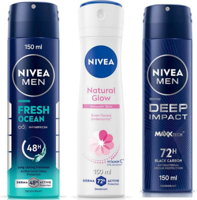 NIVEA Deo 150ML EACH -FRESH OCEAN ,NATURAL GLOW ,DEEP IMPACT Deodorant Spray  -  For Men & Women(450 ml, Pack of 3)