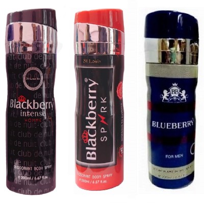 St. Louis BLACKBERRY SPARK, BLACKBERRY INTENSE , BLUE BERRY , 200 M L EACH , PACK OF 3 . Perfume Body Spray  -  For Men & Women(600 ml, Pack of 3)