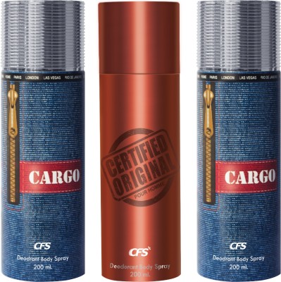 CFS Cargo Blue 2pcs & Certified Brown 1pc Deodorant Body Spray Long lasting Deodorant Spray  -  For Men & Women(600 ml, Pack of 3)