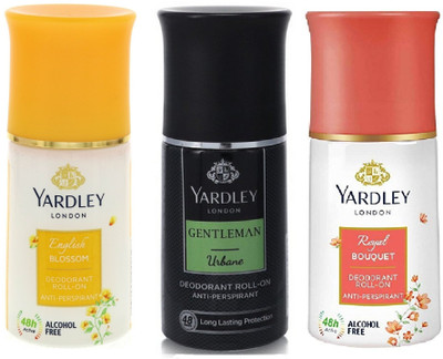 Yardley London 1 ENGLISH BLOSSOM ,1 URBAN & 1 ROYAL BOUQUET ROLL ON, 50ML , EACH, PACK OF 3. Deodorant Roll-on  -  For Men & Women(150 ml, Pack of 3)