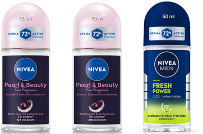 NIVEA Deo Roll-on - 50ml Each -Pearl & beauty fine fragrance(pck2) Fresh power(pck1) Deodorant Roll-on  -  For Men & Women(150 ml, Pack of 3)