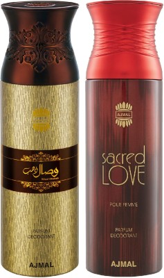 Ajmal Wisal Dhahab & Sacred love Each 200ML Deodorant Spray  -  For Men & Women(400 ml, Pack of 2)