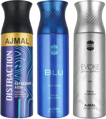 Ajmal Distraction , Blu and Evoke Silver Edition Each Deodorant Spray  -  For Men & Women(600 ml, Pack of 3)