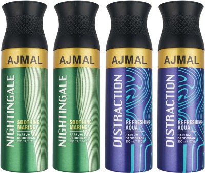 Ajmal 2 Nightingale & 2 Distraction Each 200ML Deodorant Spray  -  For Men & Women(800 ml, Pack of 4)