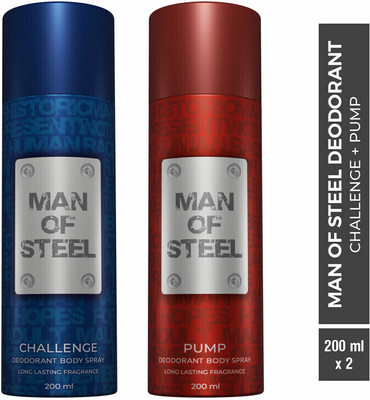 DENVER Combo of Man Of Steel Challenge + Pump Long lasting Deodorant Spray  –  For Men(400 ml, Pack of 2)