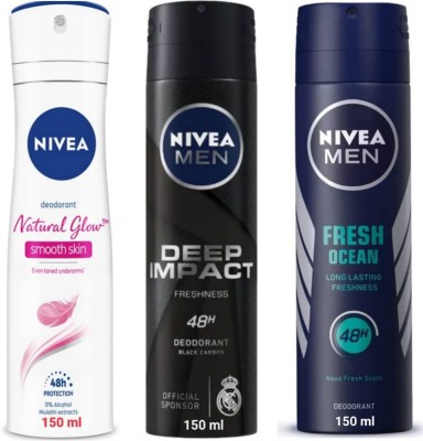 NIVEA Natural Glow Smooth Skin , Deep Impact and Fresh Ocean Deodorant Spray  -  For Men & Women(150 ml, Pack of 3)