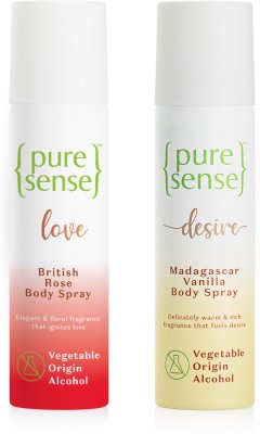 PureSense Body Spray Combo (Love British Rose + Madagascar Vanilla) Long Lasting No Gas Deodorant Spray  -  For Men & Women(300 ml, Pack of 2)