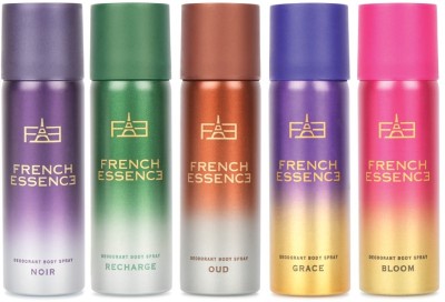 FRENCH ESSENCE Deodorant Body Spray,(Pack of 5- Bloom, Oud, Grace, Recharge Noir ) Deodorant Spray  -  For Men & Women(250 ml, Pack of 5)