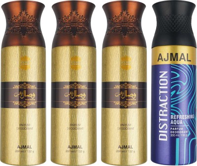 Ajmal 3 Wisal Dhahab and 1 Distraction Each Perfume Body Spray  -  For Men & Women(800 ml, Pack of 4)